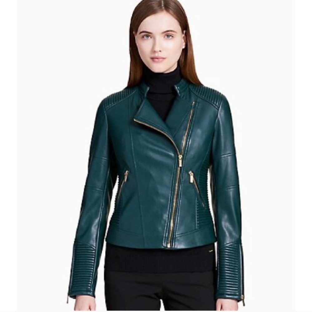 NEW CALVIN KLEIN GREEN FAUX LEATHER MOTO JACKET L